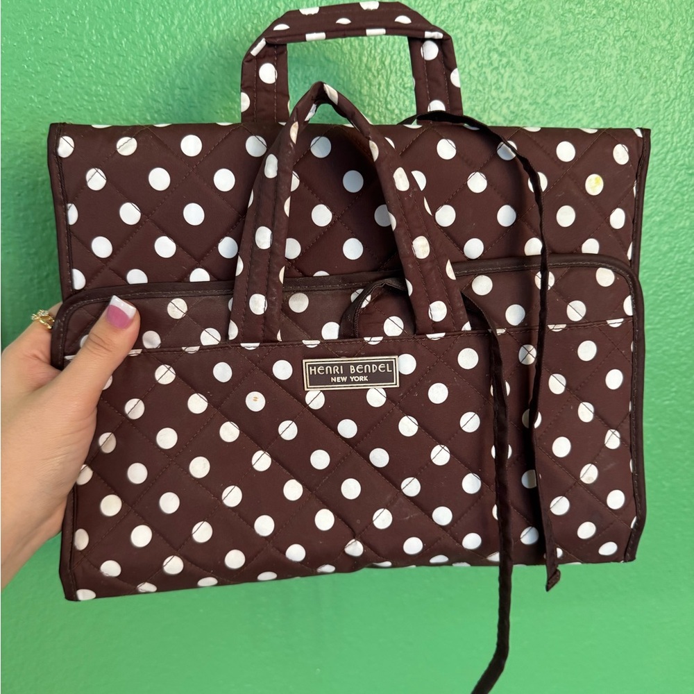Henri Bendel Brown and White Polka Dot makeup travel Bag